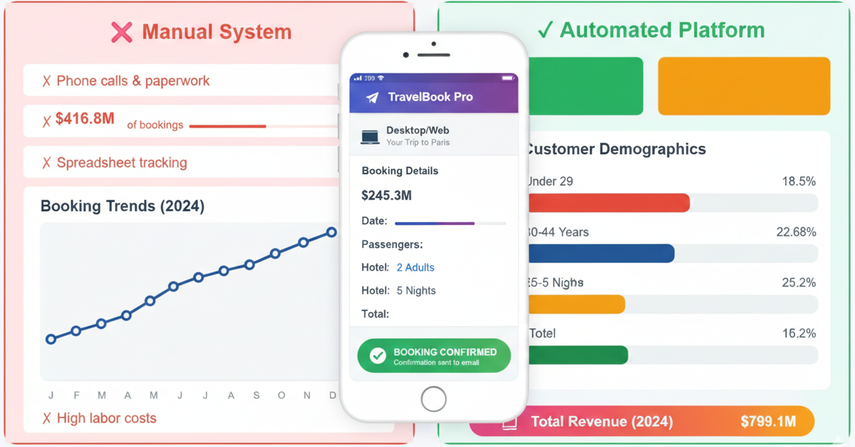 Online travel booking platform dashboard displaying revenue analytics across multiple booking channels including mobile apps and web browsers